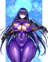  244endorix akiyama_rinko arm_guards blue_background blue_hair bodysuit border breasts cleavage_cutout clothing_cutout covered_collarbone covered_navel female fishnets gauntlets head_tilt highres huge_breasts impossible_bodysuit impossible_clothes linea_alba long_hair looking_at_viewer pink_eyes purple_bodysuit shiny_clothes skin_tight smile solo standing taimanin_(series) taimanin_suit taimanin_yukikaze thick_thighs thigh_gap thighs toned very_long_hair white_border wide_hips 