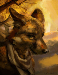  anthro black_nose brown_body brown_fur canid digital_media_(artwork) digital_painting_(artwork) fur hax_(artist) kenket lofi mammal outside plant signature solo tree whiskers 