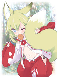  ;3 animal_ear_fluff animal_ears antenna_hair babalilo_(babalilo) black_panties borrowed_character closed_mouth commentary_request detached_sleeves female food_in_mouth fox_ears fox_girl fox_shadow_puppet fox_tail green_hair green_tail hair_between_eyes kupuru_(hirumamiyuu) long_sleeves mouth_hold navel one_eye_closed original panties pants pinching_sleeves puffy_pants red_pants short_eyebrows side-tie_panties sleeveless sleeves_past_wrists solo tail thick_eyebrows underwear white_sleeves wide_sleeves 