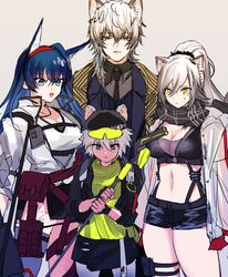  1boy 3girls animal_ears arknights bad_id bad_twitter_id black_headwear black_necktie black_scarf black_shorts blaze_(arknights) blue_eyes blue_hair breasts cat_ears chest_strap cleavage click_(arknights) commentary_request cowboy_shot crop_top grey_background grey_eyes grey_hair hair_between_eyes hairband highres holding holding_staff hominamia inactive_account jacket leopard_ears long_sleeves medium_breasts midriff mouse_ears multiple_girls navel necktie nervous_sweating official_alternate_costume open_clothes open_jacket parted_lips pouch red_hairband scarf schwarz_(arknights) short_hair short_shorts shorts silverash_(arknights) silverash_(york&#039;s_bise)_(arknights) simple_background staff standing stomach sweat thigh_strap thighs white_jacket yellow_eyes 