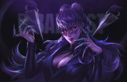  asymmetrical_bangs black_choker black_suit breasts business_suit choker claw_(weapon) claws cleavage cone_hair_bun dark demon demon_girl earrings evelynn_(league_of_legends) evil_grin evil_smile female formal glasses glowing glowing_eyes gold_earrings grin hair_bun highres hoop_earrings jewelry k/da_(league_of_legends) league_of_legends lipstick long_hair long_sleeves looking_at_viewer looking_over_eyewear makeup medium_breasts necklace purple-tinted_eyewear purple_hair rimless_eyewear smile solo suit sunglasses the_baddest_evelynn tinted_eyewear tooth_necklace upper_body weapon yellow_eyes zoe_(crownsforkings) 