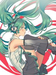  black_skirt black_thighhighs breasts commentary detached_sleeves etaa89 feet_out_of_frame female frilled_shirt frills green_eyes green_hair hatsune_miku hatsune_miku_(nt) headphones hugging_own_legs long_hair looking_to_the_side medium_breasts parted_lips piapro pleated_skirt see-through see-through_sleeves shirt skirt sleeveless sleeveless_shirt solo thighhighs twintails vocaloid white_background white_shirt 