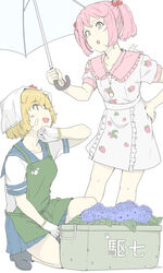  2girls animal apron bad_id bad_twitter_id black_footwear blue_flower blue_sailor_collar blue_skirt crab crab_on_head dress flower flower_pot food_print gloves green_apron hair_bobbles hair_ornament hand_on_own_hip holding holding_umbrella jewelry kantai_collection multiple_girls necklace ninimo_nimo oboro_(kancolle) official_alternate_costume open_mouth orange_hair pink_eyes pink_hair pleated_skirt rabbit rabbit_on_shoulder sailor_collar sazanami_(kancolle) school_uniform serafuku shared_umbrella short_hair short_sleeves short_twintails sidelocks simple_background skirt standing strawberry_print twintails umbrella white_background white_gloves 