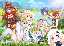  5girls :d :o absurdres adjusting_clothes adjusting_goggles adjusting_headwear amber_(genshin_impact) barbara_(genshin_impact) blonde_hair blue_eyes blush breasts bug butterfly cape check_commentary chinese_commentary chinese_text cleavage commentary_request constellation dress flower genshin_impact goggles goggles_on_head grass grassy guoba_(genshin_impact) hair_flower hair_ornament hair_ribbon halo hat highres leaning_forward long_hair looking_at_viewer lumine_(genshin_impact) multiple_girls nature open_mouth outdoors paimon_(genshin_impact) photobomb polearm puffy_cheeks red_ribbon ribbon river scarf short_hair sitting slime_(genshin_impact) small_breasts smile sparkle st_black_coffee translated twintails weapon white_dress white_hair xiangling_(genshin_impact) 