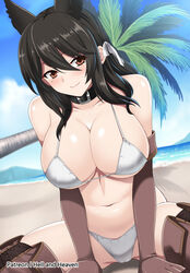  alternate_costume animal_ears atago_(azur_lane) azur_lane bare_shoulders beach bikini black_hair boots breasts brown_eyes brown_footwear brown_gloves choker cleavage cloud cloudy_sky commentary_request cross-laced_footwear day elbow_gloves female gloves hair_between_eyes hair_ribbon hellandheaven highres large_breasts leather leather_boots leather_gloves long_hair looking_at_viewer midriff mole mole_under_eye navel ocean outdoors palm_tree patreon_username ribbon sitting sky smile solo spread_legs string_bikini swimsuit thigh_boots thighhighs thighs tree white_bikini 