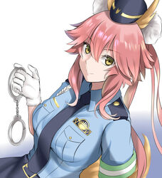  absurdres animal_ear_fluff animal_ears breasts commentary_request cuffs fate/extra fate/grand_order fate_(series) female fox_ears fox_girl fox_tail gloves handcuff_dangle handcuffs hat highres kamehito large_breasts looking_at_viewer looking_up necktie official_alternate_costume pink_hair police police_badge police_hat police_uniform policewoman simple_background solo tail tamamo_(fate) tamamo_no_mae_(fate/extra) tamamo_no_mae_(police_fox)_(fate) uniform white_background white_gloves yellow_eyes 