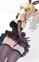  :o animal_ears ass black_dress black_gloves black_panties black_thighhighs blonde_hair blue_eyes blush breasts dress dutch_angle elbow_gloves female from_below fujima_(k114) gloves highres idolmaster idolmaster_cinderella_girls lace-trimmed_dress lace_trim looking_at_viewer looking_back ohtsuki_yui panties pantyshot polka_dot polka_dot_gloves polka_dot_legwear rabbit_ears rabbit_tail simple_background solo strapless strapless_dress tail thighhighs underwear wavy_hair white_background 