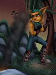  2017 angela_cross anthro arm_in_front arm_under_breasts arms_bent bent_leg blue_eyes boots bottomwear brown_body brown_fur brown_markings brown_nose clothing ear_markings facial_markings female footwear fur grass hair head_markings hi_res lombax looking_aside mammal markings mountain pants plant ponytail ratchet_and_clank ship sofie-spangenberg solo sony_corporation sony_interactive_entertainment standing straight_leg tree vehicle watercraft yellow_body yellow_fur 