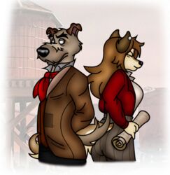  2022 aleu_(balto) anthro ascot ass back_to_back balto_(series) black_nose bottomwear breasts brown_body brown_fur brown_hair canid canine canis chief_(tfath) closed_eyes clothed clothing digital_media_(artwork) disney domestic_dog duo ear_piercing female fingers folwilliar fur grey_body grey_fur hair half-length_portrait hands_behind_back humanoid_hands hunting_dog husky hybrid irish_wolfhound long_hair male male/female mammal nordic_sled_dog outside pants paper piercing portrait shirt sighthound spitz standing tail teasing the_fox_and_the_hound topwear universal_studios water_tower wolf wolfdog 