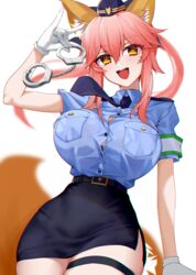  :d animal_ears belt bra bra_peek breasts chinese_commentary commentary_request cuffs fate/extra fate_(series) female fox_ears fox_tail gloves hair_between_eyes handcuffs hat highres long_hair necktie official_alternate_costume open_mouth partial_commentary pink_hair police police_uniform policewoman simple_background smile solo tail tamamo_(fate) tamamo_no_mae_(fate/extra) tamamo_no_mae_(police_fox)_(fate) teeth thigh_strap underwear uniform white_background white_gloves xiujia_yihuizi yellow_eyes 