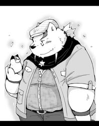  2015 anthro bear black_bars blush bottomwear clothing eyewear glasses hat headgear headwear kemono letterbox male mammal monochrome overweight overweight_anthro overweight_male pants scarf shirt snow_utamaru solo topwear 