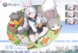  :&lt; alisa_(kuro_no_sakura) animal_ear_fluff animal_ears asymmetrical_legwear azur_lane black_skirt carrot commentary_request copyright_name corn corn_cob expressions female food grass grey_hair highres holding holding_carrot holding_food holding_vegetable long_hair long_sleeves looking_at_viewer looking_up mismatched_legwear official_alternate_costume official_art picnic_basket pleated_skirt promotional_art rabbit rabbit_ears rabbit_girl red_eyes sakura_empire_(emblem) school_uniform second-party_source serafuku shirayuki_(azur_lane) shirayuki_(bunny_breeder)_(azur_lane) shirt single_thighhigh sitting skirt socks solo squash thighhighs translated vegetable very_long_hair white_shirt white_socks white_thighhighs 