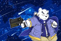  2015 3:2 anthro bear bottomwear clothed clothing fully_clothed fur kemono male mammal night overweight overweight_anthro overweight_male pants polar_bear scarf shirt snow_utamaru solo star topwear ursine weapon white_body white_fur 