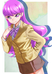  amawa_kazuhiro arm_behind_back border bow bowtie brown_jacket brown_skirt closed_mouth collared_shirt cowboy_shot dress_shirt dutch_angle earrings female grey_shirt highres ichigo_field_high_school_uniform jacket jewelry kirakira_precure_a_la_mode kotozume_yukari long_hair long_sleeves looking_at_viewer miniskirt outside_border pleated_skirt precure purple_bow purple_bowtie purple_eyes purple_hair school_uniform shadow shirt skirt smile solo standing straight_hair very_long_hair white_border wing_collar 