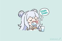  azur_lane chibi closed_eyes commentary cropped_torso cup disembodied_hand double_bun dress drink drinking_glass female fur_trim gargling green_background grey_hair hair_bun holding holding_cup koru_koruno le_malin_(azur_lane) long_hair open_mouth romaji_commentary romaji_text signature simple_background solo translated upper_body wavy_mouth white_dress 