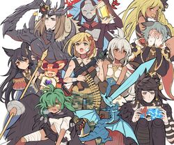  ? absurdres animal_ears armor bandage_on_face bandaged_leg bandages black_armor black_hair black_tank_top blonde_hair blue_eyes blush breath brown_hair camouflage camouflage_pants covering_face dark-skinned_female dark_skin death_(granblue_fantasy) djeeta_(granblue_fantasy) dragon erune gloves granblue_fantasy green_eyes green_hair grey_hair gun hades_(granblue_fantasy) headband headdress helel_ben_shalem highres holding holding_gun holding_sword holding_weapon kolulu_(granblue_fantasy) lantern long_hair nier_(granblue_fantasy) open_mouth pacifier pants post_guild_war_celebration red_eyes sariel_(granblue_fantasy) seox_(granblue_fantasy) soldier_(granblue_fantasy) staff sword tank_top uuruung vyrn_(granblue_fantasy) weapon white_background white_gloves white_hair zooey_(granblue_fantasy) 