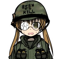  blonde_hair brown_eyes explosive female flak_jacket full_metal_jacket girls_und_panzer glasses grenade helmet highres jacket long_hair military military_uniform oono_aya peace_symbol ponita-poniponi solo surprised twintails uniform vietnam vietnam_war weapon 