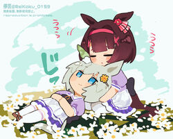  2girls animal_ears artist_name blue_eyes brown_hair chibi closed_eyes closed_mouth collared_shirt commentary dress english_text field flower flower_field frilled_dress frills green_hair hair_between_eyes hair_flower hair_ornament head_on_head head_rest headband highres horse_ears horse_girl horse_tail lap_pillow looking_at_viewer lying multiple_girls nishino_flower_(umamusume) on_back own_hands_clasped own_hands_together purple_dress red_headband school_uniform seiun_sky_(umamusume) seiza shirt short_sleeves sitting smile sugomori_tsuru_(hana_tsuru_wo) tail thighhighs tracen_school_uniform translated umamusume white_thighhighs x_hair_ornament 