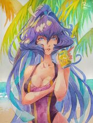  beach black_tank_top blue_eyes blue_hair breasts can cleavage collarbone commentary day female hair_between_eyes hair_intakes highres holding holding_can light_smile medium_breasts mitsurugi_meiya muv-luv ocean one-piece_swimsuit painting_(medium) parted_lips philiera plant ponytail portrait purple_one-piece_swimsuit russian_commentary solo swimsuit tank_top traditional_media watercolor_(medium) 