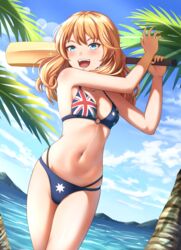  absurdres australia_day australian_flag_bikini australian_flag_print bikini blander_mc blonde_hair blue_bikini blue_eyes blue_sky breasts cloud commentary commission cricket_bat day english_commentary female flag_print highres long_hair medium_breasts mountain ocean open_mouth original outdoors palm_tree print_bikini sky smile solo swimsuit teeth tree union_jack upper_teeth_only 