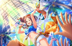  arms_up blue_shirt blush bracelet breasts brown_eyes brown_hair crop_top earrings feet female foot_out_of_frame game_cg holding idol idolmaster idolmaster_cinderella_girls idolmaster_cinderella_girls_starlight_stage jewelry large_breasts long_hair microphone midriff navel official_art one_eye_closed out_of_frame palm_tree parted_bangs pov sandals sawada_marina shirt short_shorts short_sleeves shorts solo_focus stage_lights standing standing_on_one_leg sunglasses tied_shirt toes tree white_shorts 