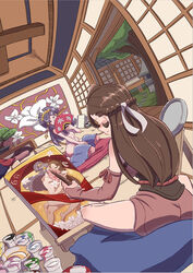  2girls between_legs blush brown_hair fan_over_face fire_emblem fire_emblem_fates flower hair_over_breasts hand_between_legs hand_fan highres kagero_(fire_emblem) long_hair looking_at_another modeling multiple_girls navel nude nude_modeling orochi_(fire_emblem) paint painting_(object) purple_hair redcrane94 seiza sitting yuri 