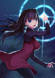  absurdres aozaki_aoko black_pantyhose black_sweater blue_eyes breasts brown_hair buttons commentary cqqz0707 dress female floating_hair glowing hair_between_eyes hair_intakes highres large_breasts layered_clothes light_particles long_hair long_sleeves looking_at_viewer magic mahou_tsukai_no_yoru open_mouth pantyhose red_dress solo sweater teeth tongue upper_teeth_only 