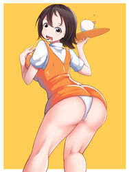  absurdres agent_aika aika_(series) ass bad_id bad_pixiv_id black_hair blue_delmo border breast_press breasts brown_eyes commentary cup embarrassed female from_behind hand_on_own_chest hand_up highres holding holding_tray j.c.14 kneepits large_breasts leaning_forward legs looking_at_viewer looking_back open_mouth orange_skirt orange_vest panties pantyshot pencil_skirt shirt short_hair short_sleeves skirt solo spilling standing thighs tray underwear uniform vest waitress waitress_delmo wavy_mouth white_border white_panties white_shirt yellow_background 