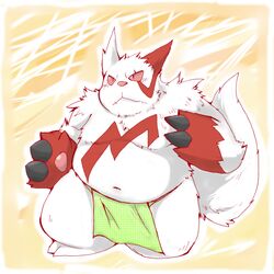  1:1 2015 anthro asian_clothing belly clothing east_asian_clothing fundoshi fur generation_3_pokemon japanese_clothing kemono male navel nintendo overweight overweight_anthro overweight_male pink_nose pokemon pokemon_(species) red_body red_fur snow_utamaru solo underwear white_body white_fur zangoose 