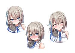  ^_^ anger_vein blue_eyes blue_necktie blush braid brown_hair closed_eyes closed_mouth collared_shirt commentary_request cropped_torso facing_viewer female fur_trim hair_between_eyes head_tilt looking_at_viewer lutra_lutra multiple_views necktie nose_blush official_art parted_lips rescute shiodome_oji shirt short_hair short_necktie simple_background sleeveless sleeveless_shirt smile square_live upper_body v-shaped_eyebrows virtual_youtuber white_background white_shirt 