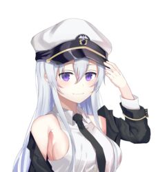  absurdres azur_lane black_necktie breasts closed_mouth collared_shirt commentary_request enterprise_(azur_lane) female hair_between_eyes hat highres large_breasts long_hair long_sleeves muyang necktie purple_eyes shirt sideboob simple_background sleeveless sleeveless_shirt smile solo straight_hair upper_body very_long_hair white_background white_hair white_hat white_shirt wing_collar 