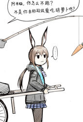  ... amiya_(arknights) animal_ears arknights black_eyes black_jacket black_legwear blue_skirt brown_hair carrot carrot_on_stick chinese_commentary commentary_request female fishing_rod from_side holding holding_fishing_rod hood hooded_jacket jacket jitome long_hair long_sleeves low_ponytail miniskirt pantyhose ponytail rabbit_ears sidelocks simple_background skirt solo_focus speech_bubble spoken_ellipsis thumb_ring translated wheelbarrow white_background y.ssanoha 