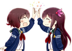  2girls ^_^ blue_jacket brown_hair closed_eyes commentary_request crescent crescent_pin gradient_hair green_sailor_collar hair_ribbon high_five hinata_yuu jacket kantai_collection kisaragi_(kancolle) kisaragi_kai_ni_(kancolle) long_hair long_sleeves midriff multicolored_hair multiple_girls mutsuki_(kancolle) mutsuki_kai_ni_(kancolle) neckerchief open_mouth partial_commentary photoshop_(medium) red_hair red_neckerchief ribbon sailor_collar school_uniform serafuku short_hair sidelocks simple_background smile star_(symbol) upper_body white_background 