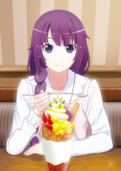  alternate_costume arms_on_table bakemonogatari blue_eyes collarbone commentary cream dated dessert eyelashes female food fruit holding holding_spoon huumoon ice_cream indoors long_hair long_sleeves looking_at_viewer monogatari_(series) parfait purple_hair senjougahara_hitagi shirt side_ponytail sidelocks signature smile solo spoon strawberry sundae table upper_body vest wafer wafer_stick whipped_cream white_shirt 