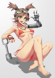  :d arm_rest artist_name bad_id bad_pixiv_id bandage_on_face bandages barefoot bikini borderlands_(series) borderlands_2 breasts brown_hair collarbone female fingerless_gloves gaige gloves goggles goggles_on_head highres medium_breasts open_mouth piston prosthesis prosthetic_arm red_bikini shadow side-tie_bikini_bottom smile solo stormcow swimsuit teeth toes underboob v v-shaped_eyebrows w 