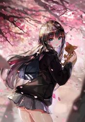  ass bag brown_hair canine cardigan cherry_blossoms clothes_lift commentary_request crab_d female from_side green_eyes hanako_(idolmaster) idolmaster idolmaster_cinderella_girls long_hair open_mouth outdoors petals revision school_uniform shibuya_rin skirt skirt_lift smile solo wind wind_lift 