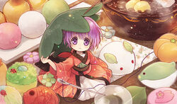  adzuki_bean biyon bowl chopsticks closed_mouth commentary_request dango female floral_print food fruit full_body hair_between_eyes hand_on_headwear japanese_clothes kimono leaf leaf_on_head light_particles long_sleeves looking_at_viewer mini_person minigirl mitarashi_dango mizu_shingen_mochi needle persimmon photoshop_(medium) purple_eyes purple_hair red_kimono sanshoku_dango shiruko_(food) short_hair sitting smile snow_rabbit solo sukuna_shinmyoumaru taiyaki tareme thread touhou twitter_username wagashi 