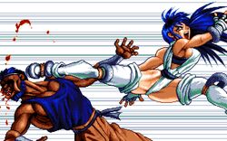  ass bangs blood blue_hair brandish_(video_game) brandish_3 elbow_pads falcom fighting kicking knee_pads knocked_out leotard long_hair midair muscle muscular_female narrow_waist pixel_art sideboob speed_lines spread_legs studded_gloves thighs thong thong_leotard umber 