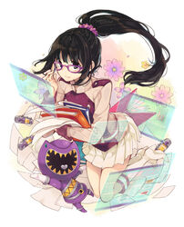  adjusting_eyewear animification black_eyes black_hair book boots chibi chiko_(mizuho) commentary_request female flower glasses holding holding_book hugging_book hugging_object knee_boots kyoryu_violet long_hair paper photoshop_(medium) pleated_skirt ponytail purple-framed_eyewear scrunchie skirt solo super_sentai uniform yayoi_ulshade zyuden_sentai_kyoryuger 