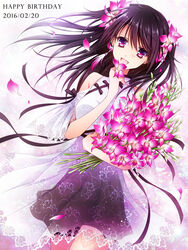  bad_id bad_pixiv_id black_hair bouquet breasts commentary_request d.gray-man dated drugstore04 female flower hair_flower hair_ornament happy_birthday lenalee_lee long_hair medium_breasts photoshop_(medium) purple_eyes smile solo twintails 