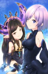  2girls armor arulumaya bare_shoulders black_hair blush breasts brown_eyes commentary_request crescent crossover fate/grand_order fate_(series) flat_chest granblue_fantasy hair_over_one_eye harvin highres hisayaki_kyuu long_hair mash_kyrielight mole mole_under_eye multiple_girls pointy_ears purple_eyes purple_hair short_hair smile 