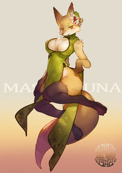  animal_ears black_thighhighs blush breasts china_dress chinese_clothes cleavage cleavage_cutout clothing_cutout dress female fox_ears fox_tail furry furry_female green_eyes hair_ornament large_breasts looking_at_viewer okabe_masatsuna original photoshop_(medium) sengoku_bushouki_muramasa side_slit solo tail thighhighs zhuzi 