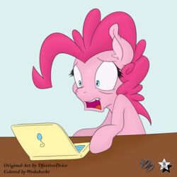  1:1 2015 absurd_res blue_eyes computer dfectivedvice earth_pony electronics equid equine female feral friendship_is_magic fur hair hasbro hi_res horse laptop mammal my_little_pony open_mouth pink_body pink_fur pink_hair pinkie_pie_(mlp) pony simple_background solo wodahseht 