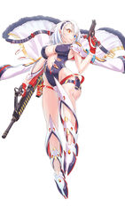  absurdres bad_anatomy belt black_hairband blue_eyes breasts commentary dual_wielding female full_body gloves groin gun hairband handgun highres hilda_(iron_saga) holding iron_saga jacket jacket_on_shoulders kakaka large_breasts orange_eyes red_gloves short_hair weapon white_background white_hair 