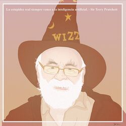  1boy beard discworld facial_hair glasses hat male_focus portrait solo spanish_text terry_pratchett translated wizard_hat 