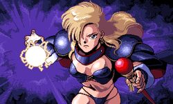  alternate_hair_length armor bikini_armor blonde_hair brandish_(video_game) cleavage dela_delon energy_ball falcom gorget navel pauldrons pixel_art sorceress staff vambrace 