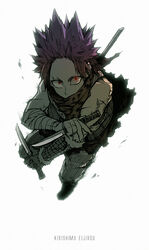  1boy alternate_costume animal_print boku_no_hero_academia character_name commentary_request dual_wielding earrings full_body grey_background highres holding jewelry kirishima_eijirou knife looking_at_viewer male_focus photoshop_(medium) red_eyes red_hair scar simple_background sleeveless solo spiked_hair weapon weapon_on_back xiao_(creation0528) 