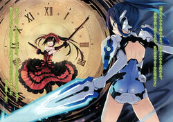  2girls :d ass asymmetrical_hair bare_back black_hair blue_hair blue_leotard bow breasts brown_eyes cleavage clock_eyes date_a_live dress floating_hair gothic_lolita gun hairband hairbow heterochromia high_ponytail highres holding holding_gun holding_sword holding_weapon leotard lolita_fashion lolita_hairband long_hair mecha_musume medium_breasts mole mole_under_eye multiple_girls novel_illustration official_art open_mouth photoshop_(medium) red_dress red_eyes rifle see-through sleeveless sleeveless_dress smile sword symbol-shaped_pupils takamiya_mana tokisaki_kurumi translation_request tsunako twintails weapon yellow_eyes 