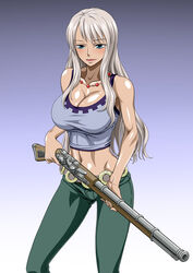  bare_shoulders belt blue_eyes blush breasts cleavage female gradient_background green_pants grey_hair highres holding holding_weapon large_breasts legs long_hair looking_at_viewer midriff navel necklace nel-zel_formula nico_olvia one_piece pants parted_lips pearl_necklace shiny shiny_skin silver_hair simple_background sleeveless smile solo standing thighs weapon 