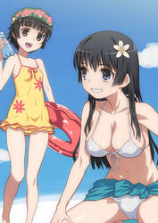  2girls bikini black_hair blue_eyes bottle breasts brown_eyes casual_one-piece_swimsuit cleavage commentary_request day flower front-tie_top grin hair_flower hair_ornament head_wreath hirose_(mokiki) innertube large_breasts long_hair long_legs multiple_girls one-piece_swimsuit open_mouth saten_ruiko shiny_skin short_hair sitting smile swim_ring swimsuit toaru_kagaku_no_railgun toaru_majutsu_no_index uiharu_kazari white_bikini 